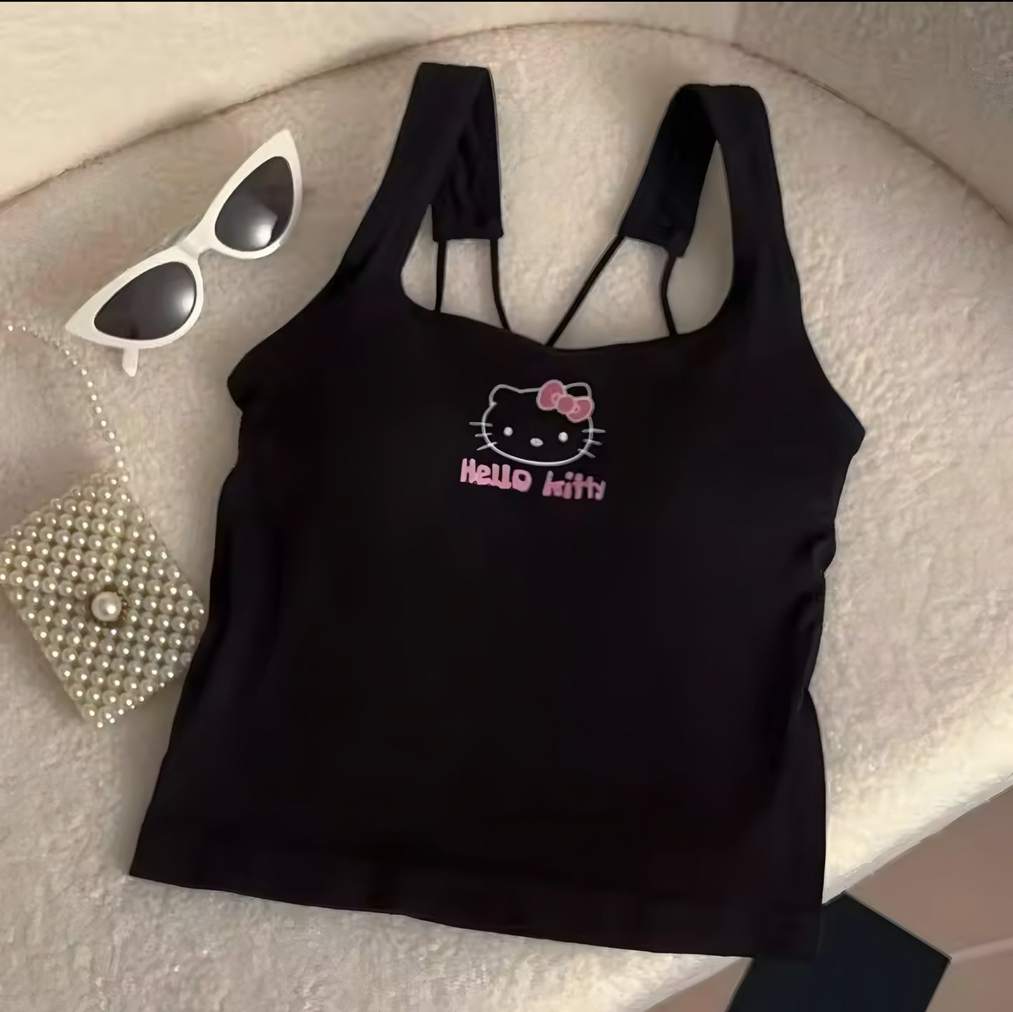 Sanrioed Hellokitty Fashion Women Clothing Y2K Tops with Breast Pad Cute T-Shirt Girl Summer Cropped Tops White Sexy Suspender