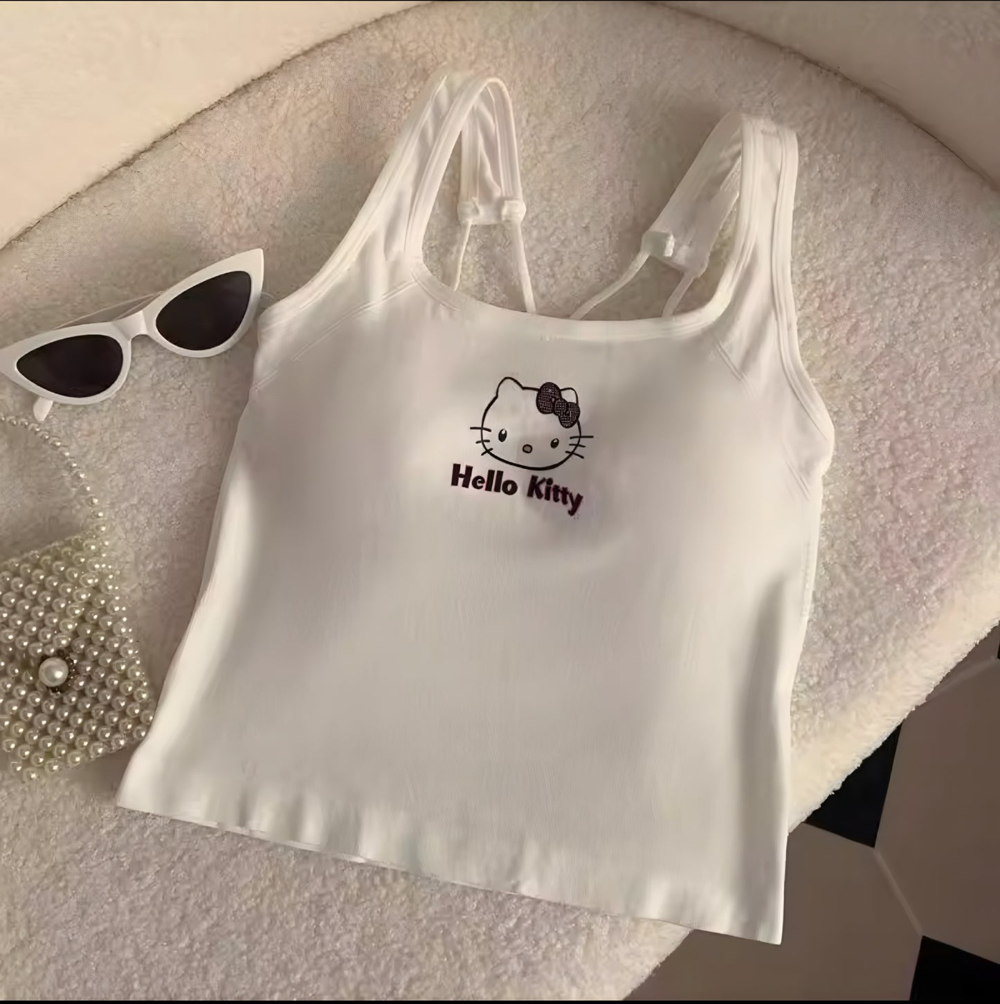 Sanrioed Hellokitty Fashion Women Clothing Y2K Tops with Breast Pad Cute T-Shirt Girl Summer Cropped Tops White Sexy Suspender