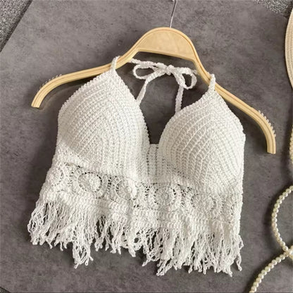 Summer Tank top Women's Boho Fringe Backless Halter Tie