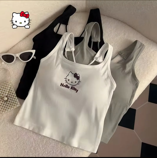 Sanrioed Hellokitty Fashion Women Clothing Y2K Tops with Breast Pad Cute T-Shirt Girl Summer Cropped Tops White Sexy Suspender