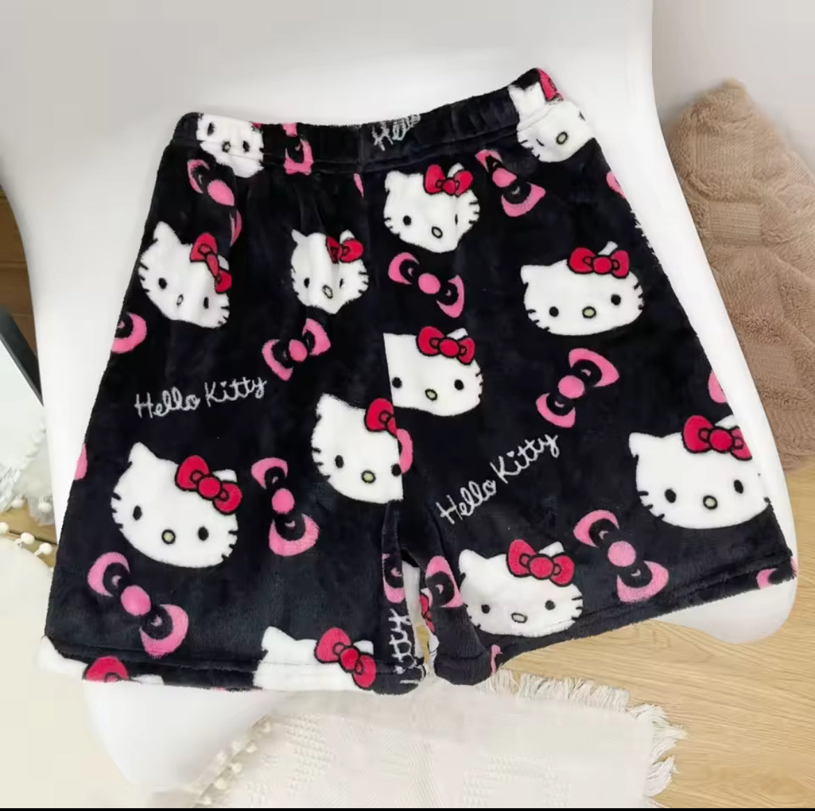 Adult Women's Flannel Shorts with Cartoon Hello Kitty Pattern for Foreign Trade - Loose, Casual, Cute and Fleece - Lined Home an