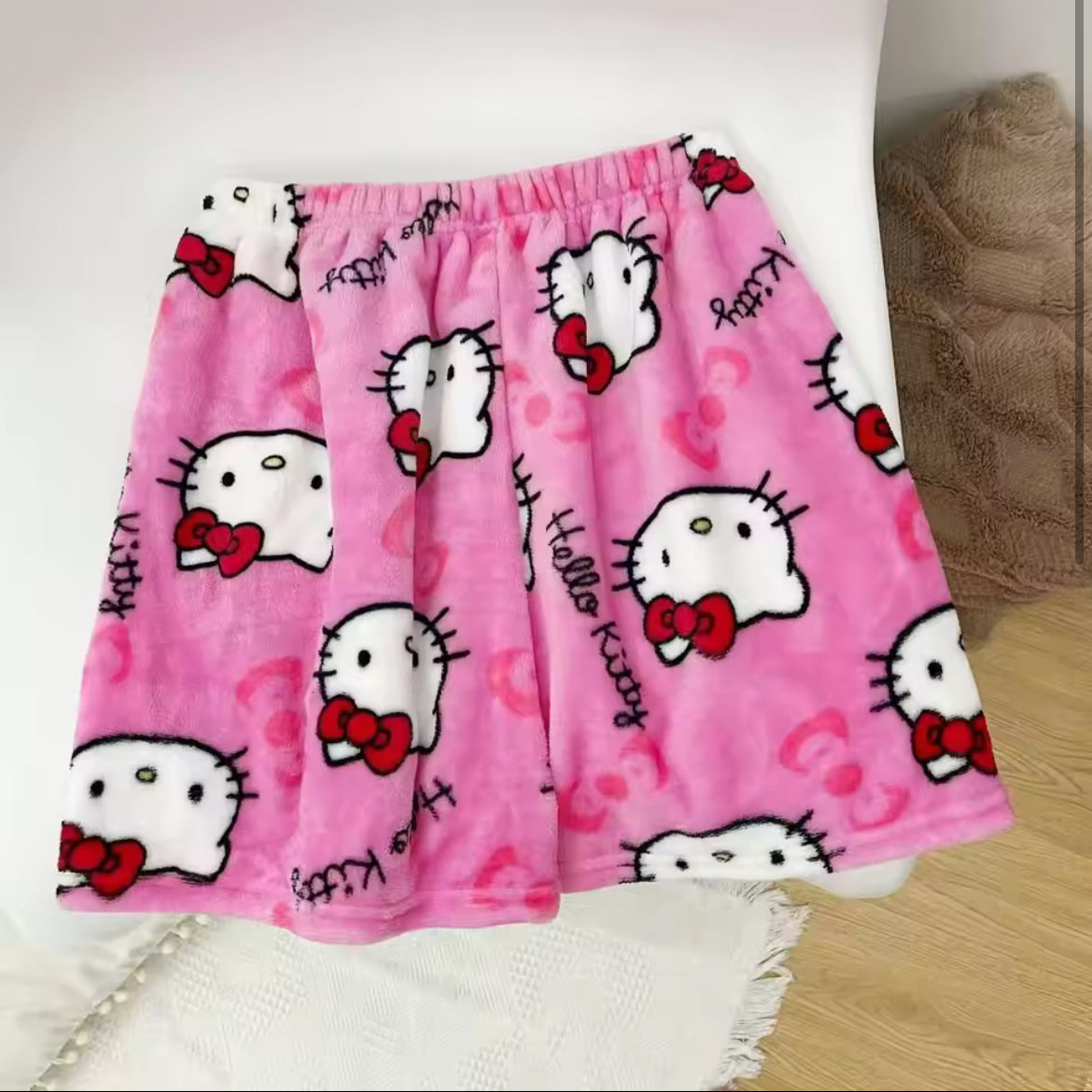 Adult Women's Flannel Shorts with Cartoon Hello Kitty Pattern for Foreign Trade - Loose, Casual, Cute and Fleece - Lined Home an