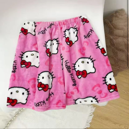 Adult Women's Flannel Shorts with Cartoon Hello Kitty Pattern for Foreign Trade - Loose, Casual, Cute and Fleece - Lined Home an