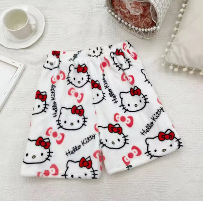 Adult Women's Flannel Shorts with Cartoon Hello Kitty Pattern for Foreign Trade - Loose, Casual, Cute and Fleece - Lined Home an