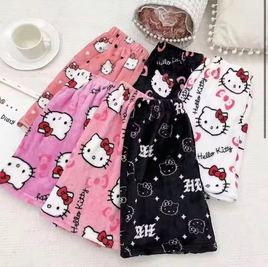 Adult Women's Flannel Shorts with Cartoon Hello Kitty Pattern for Foreign Trade - Loose, Casual, Cute and Fleece - Lined Home an