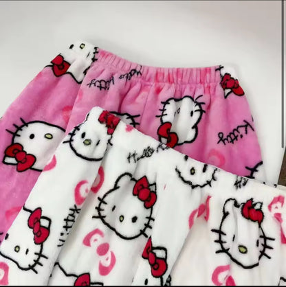 Adult Women's Flannel Shorts with Cartoon Hello Kitty Pattern for Foreign Trade - Loose, Casual, Cute and Fleece - Lined Home an