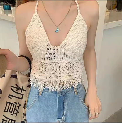 Summer Tank top Women's Boho Fringe Backless Halter Tie