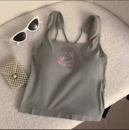 Sanrioed Hellokitty Fashion Women Clothing Y2K Tops with Breast Pad Cute T-Shirt Girl Summer Cropped Tops White Sexy Suspender