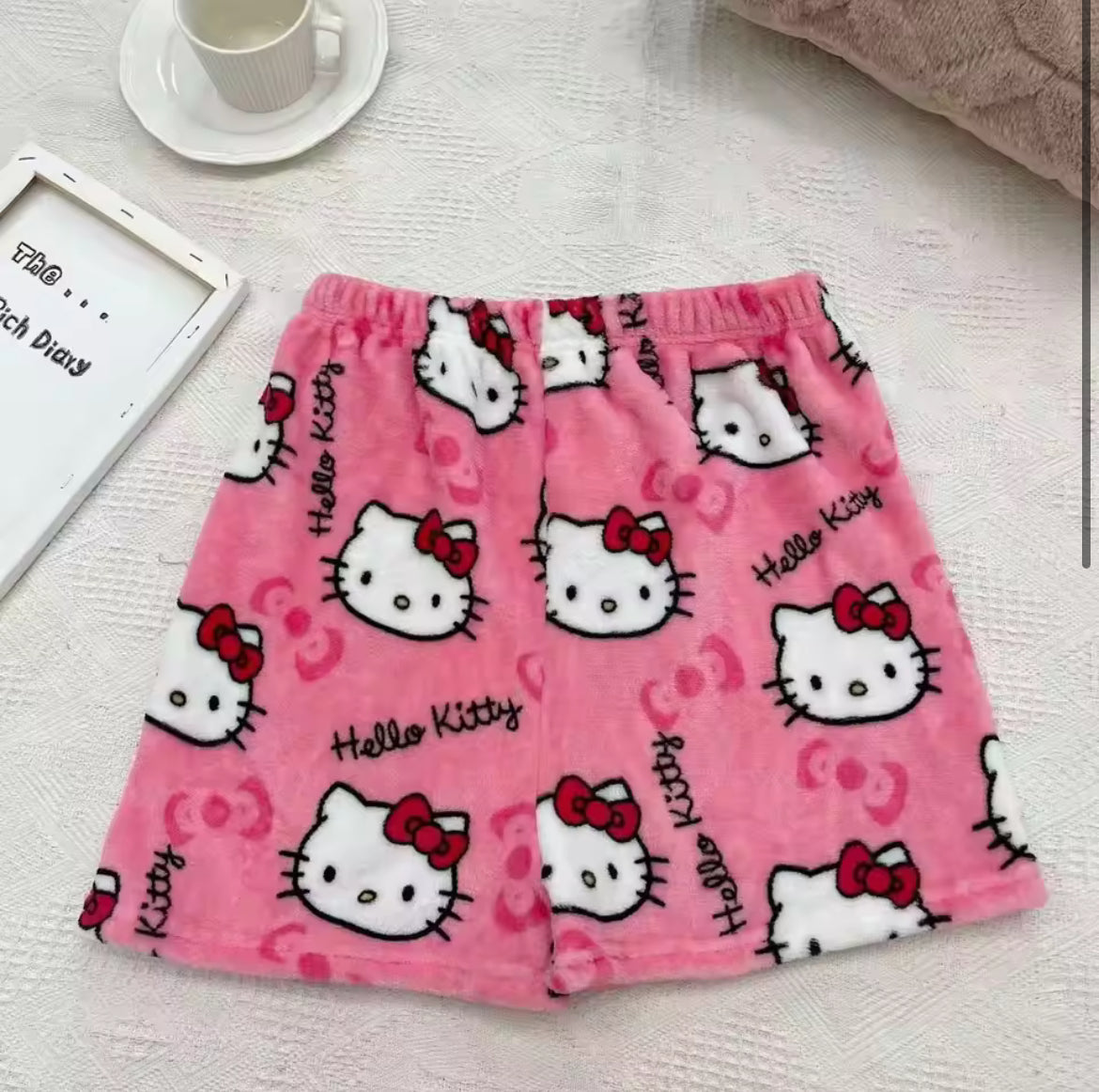 Adult Women's Flannel Shorts with Cartoon Hello Kitty Pattern for Foreign Trade - Loose, Casual, Cute and Fleece - Lined Home an