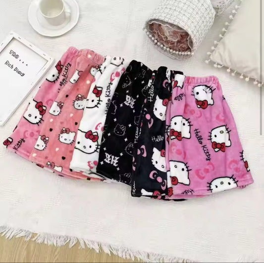 Adult Women's Flannel Shorts with Cartoon Hello Kitty Pattern for Foreign Trade - Loose, Casual, Cute and Fleece - Lined Home an